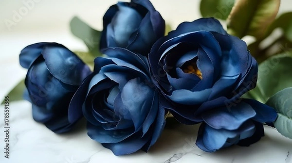 Fototapeta Close up of a bouquet of deep blue artificial roses with green leaves on a marble surface