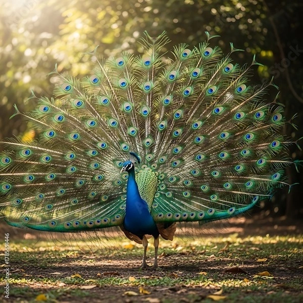 Fototapeta Majestic Peacock Displaying Vibrant Tail Feathers in Golden Sunlight.