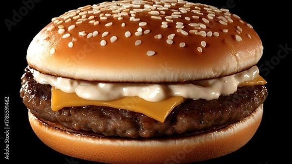 Fototapeta Delicious juicy beef burger with melted cheese and creamy sauce on a sesame seed bun