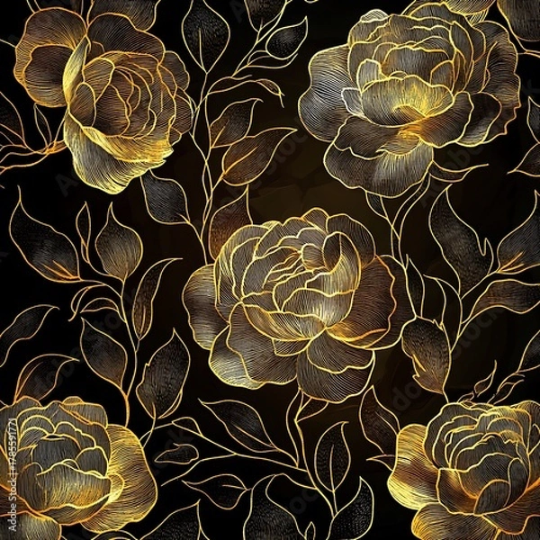 Fototapeta Elegant seamless floral pattern with luminous golden roses and delicate leaves on a dark background