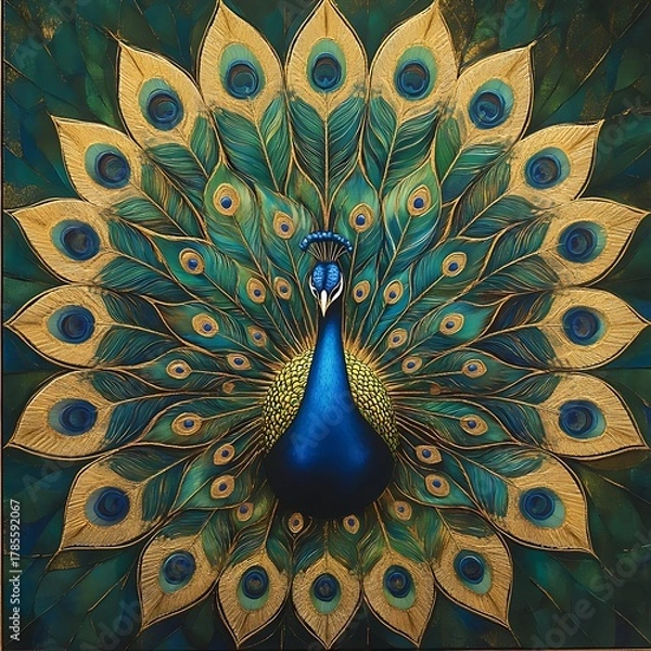 Fototapeta Majestic peacock displaying its vibrant iridescent feathers in a full fan shape