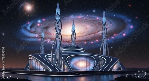Fototapeta Futuristic Cityscape with Galactic Background and Modern Architecture.