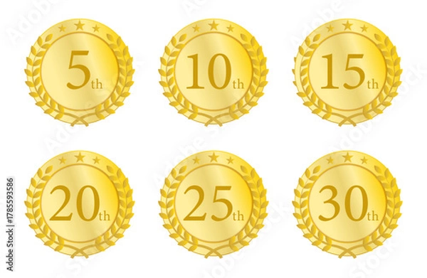 Fototapeta 金色の月桂冠メダルに5周年から30周年を刻んだ記念バッジセット（周年記念・表彰・節目のデザイン素材）