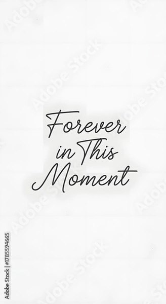 Fototapeta A minimalist design featuring the inspirational phrase 'Forever in This Moment' written in elegant black script on a clean white background