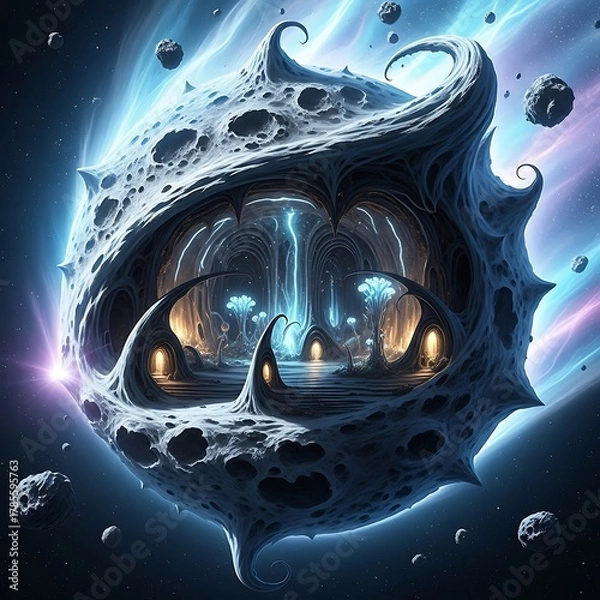 Fototapeta Surreal Cosmic Cityscape Inside a Hollowed Asteroid with Glowing Lights.