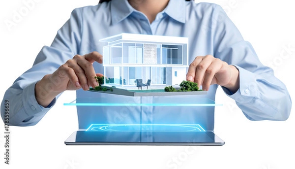 Obraz A person holds a digital architectural model above a tablet. The model depicts a modern house with greenery