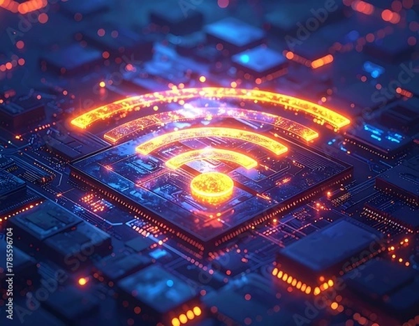 Fototapeta Glowing digital circuit board with a Wi-Fi signal symbol overlay