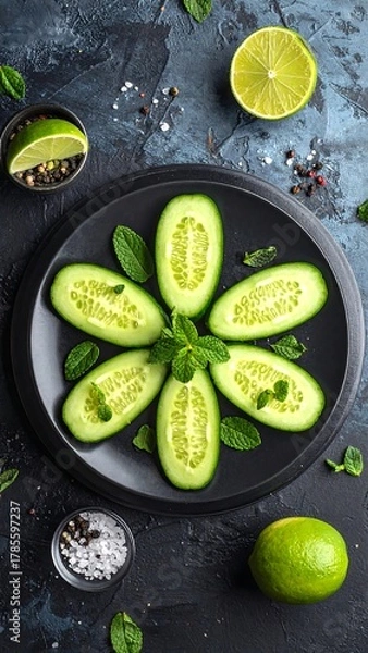 Obraz Cucumber slices in floral arrangement with mint and lime