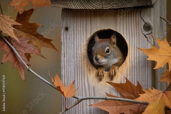 Fototapeta A squirrel peeks out from a round hole in a wooden tree house, with autumn leaves visible in the frame