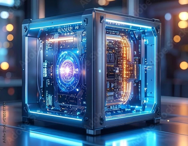Fototapeta Glowing digital cube showcasing circuit boards and futuristic tech design