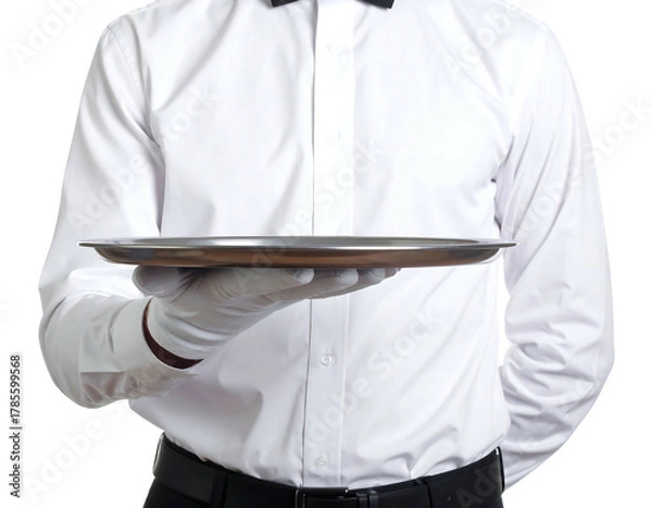 Obraz A person in a formal white shirt and gloves holds an empty silver tray forward, likely for serving food or drink