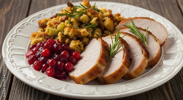 Obraz Roasted turkey breast, stuffing and cranberry sauce dinner plate