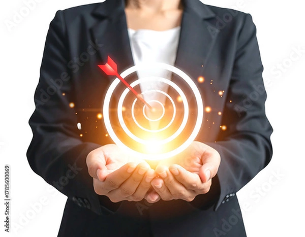Obraz A person in a suit holds a glowing target with an arrow centered, symbolizing goals and success