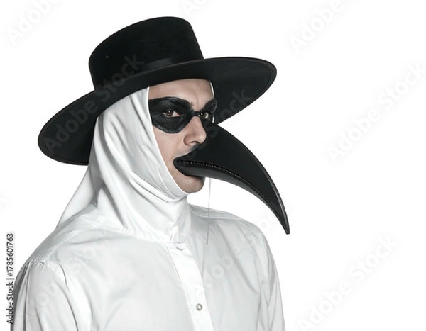 Obraz A person in a white robe, with a black hat and beak-like mask, gazes to the side. The background is simple