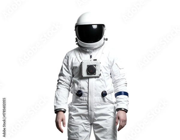 Obraz A person in a white spacesuit with a reflective black visor stands against a black background. The full-body shot features details like the helmet and utility belt
