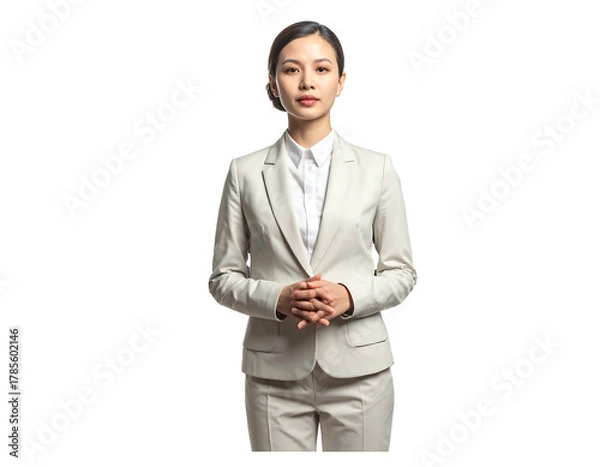 Obraz A person in a white suit and shirt stands against a black background. Her hands are clasped. She is looking forward