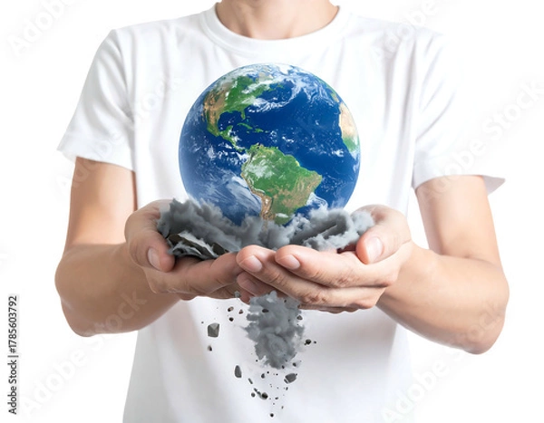 Obraz A person in white shirt cradles a miniature Earth above a pile of gray debris, symbolizing environmental concerns