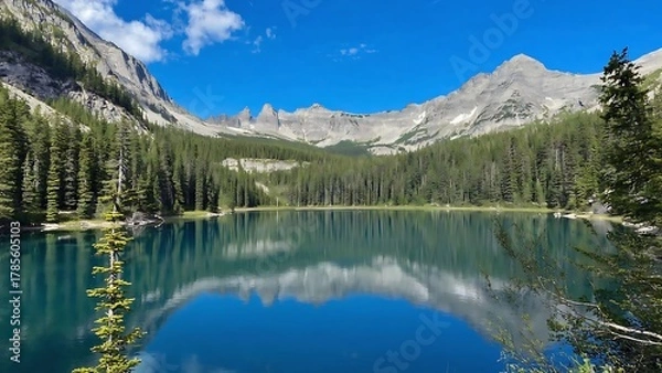 Fototapeta A stunning view of a pristine alpine lake nestled amidst towering mountains and lush green forests on a bright sunny day