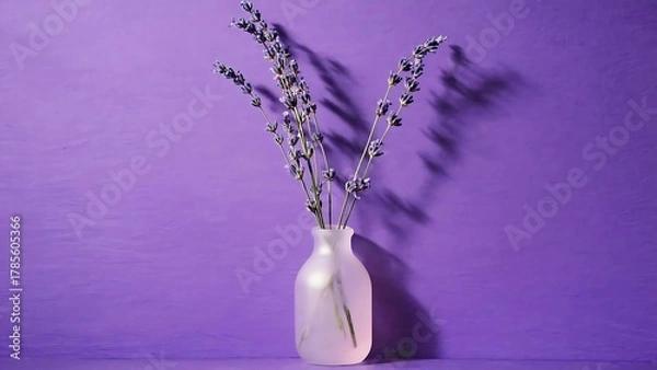 Fototapeta Aromatic dried lavender sprigs in a small glass vase on a vibrant purple background creating a calming and elegant ambiance