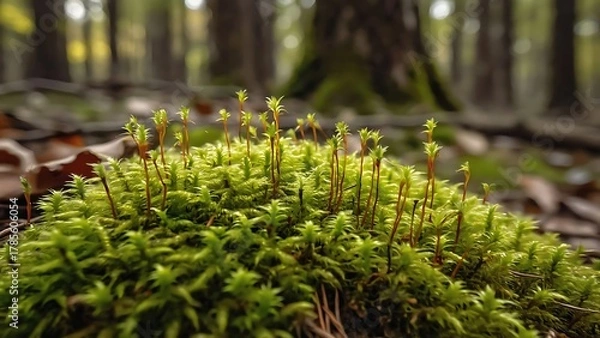 Fototapeta Close up of a mossy hummock in a forest with small sprouts growing out of it and a blurred background of trees