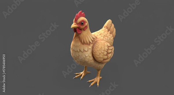 Fototapeta Charming cartoon chicken character with vibrant feathers and a playful stance, perfect for animation and farm-themed designs.
