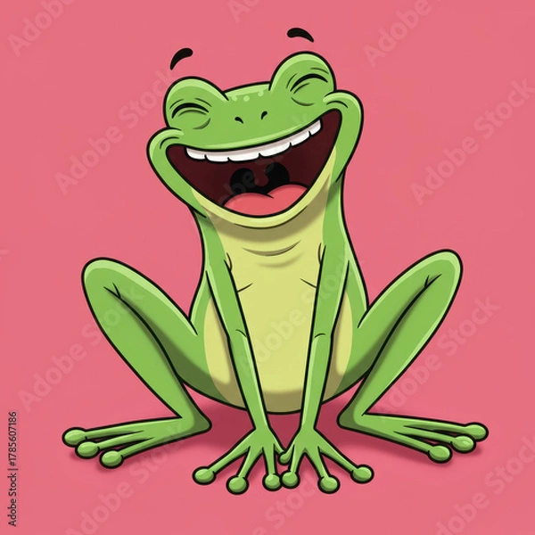 Obraz Joyful green cartoon frog with wide open mouth in a fit of contagious laughter, radiating pure happiness and amusement, perfect for fun and playful designs.