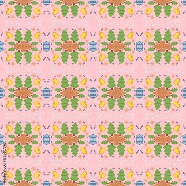 Fototapeta Whimsical Christmas Tree Pattern on Pink Background