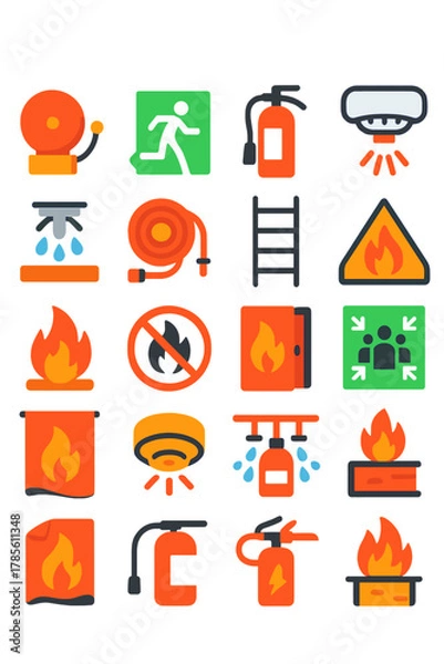 Fototapeta Fire Safety Symbols icons in modern flat vector style in minimalistic vibrant color design: Fire alarm, fire exit, extinguisher icon, smoke detector,