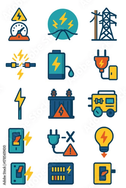 Obraz Energy and Electrical Hazards icons in modern flat vector style in minimalistic vibrant color design: Overload warning, electric arc, downed power