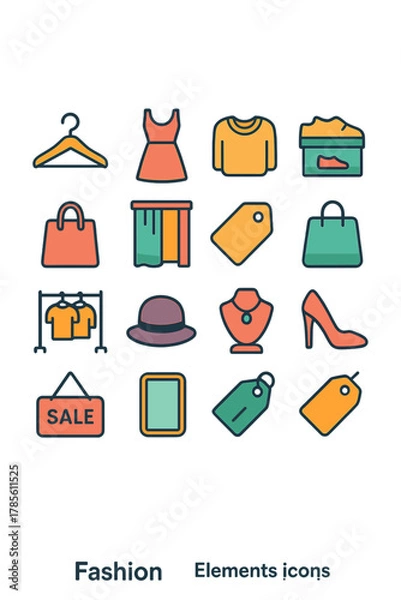 Fototapeta Fashion Store Elements icons in modern flat vector style in minimalistic vibrant color design: Clothes hanger, dress icon, folded sweater, shoes box,