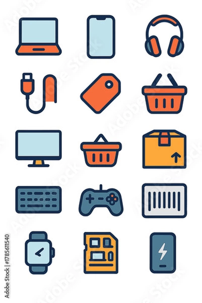 Fototapeta Electronics Store icons in modern flat vector style in minimalistic vibrant color design: Laptop, smartphone, tablet, headphones, charger cable, price