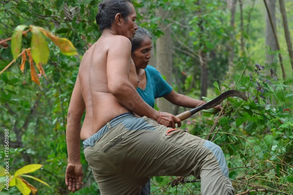 Fototapeta A shirtless father steps through brush carrying a sickle while his wife gathers weeds behind him in their dense tropical farmland filled with green plants and shrubs.