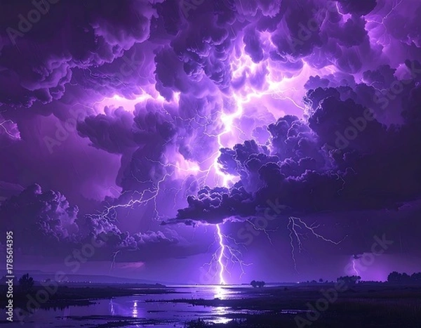 Fototapeta Dramatic view of an intense storm with vivid purple clouds and lightning