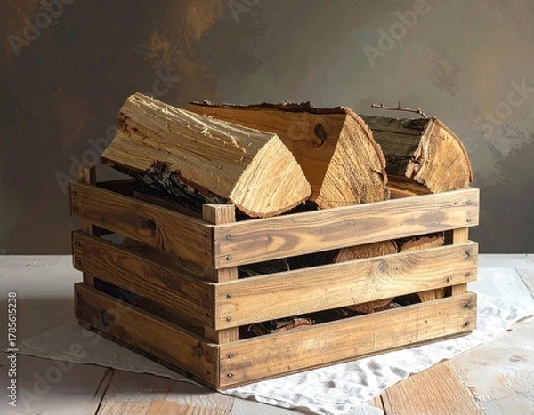 Fototapeta Wooden Crate Filled with Firewood on Rustic Surface