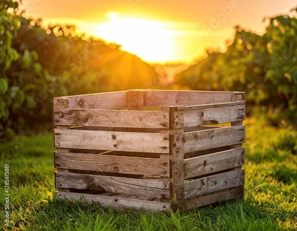 Fototapeta Wooden Crate in a Green Field at Sunset
