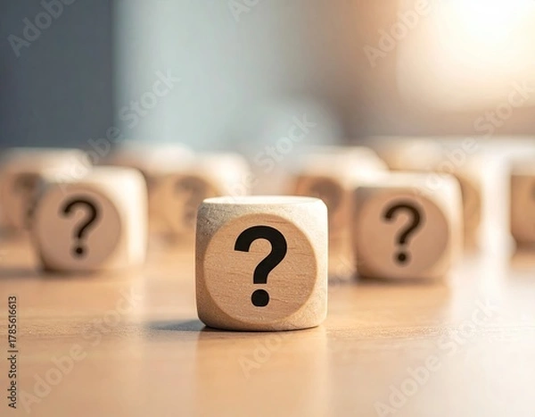 Fototapeta Wooden Cubes with Question Marks on Wooden Surface