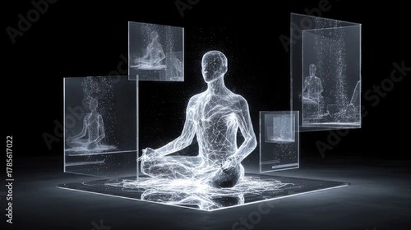 Obraz An ethereal human figure is woven from glowing digital threads and pixels, sitting in a lotus position. 
