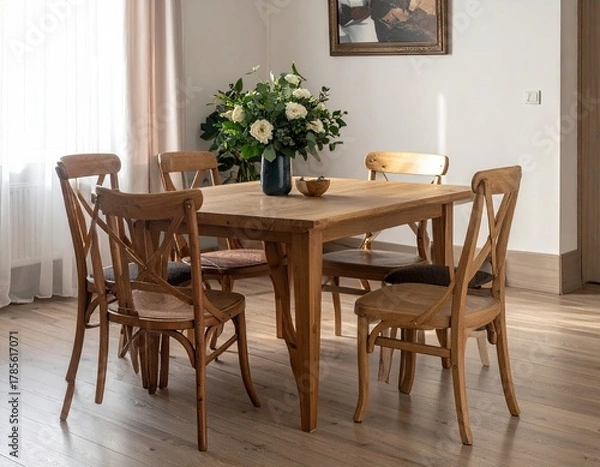Fototapeta Wooden Dining Table with Six Chairs in Bright Room