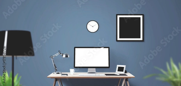 Fototapeta Computer display and office tools on desk. Desktop computer screen isolated. Front view.