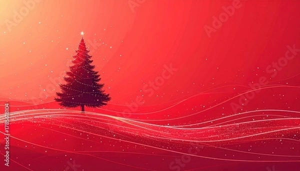 Fototapeta Snowy Landscape Featuring A Silhouette Of A Christmas Tree Against A Vibrant Red Background