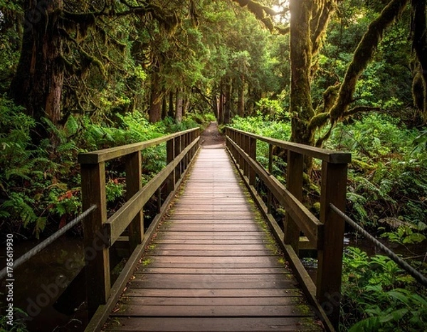 Fototapeta Wooden Bridge Pathway Through Lush Green Forest