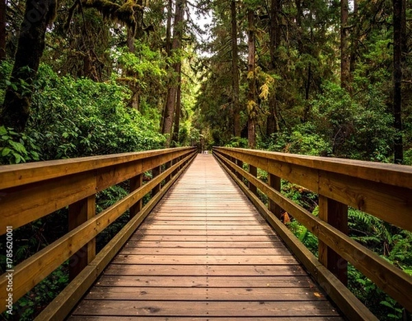 Fototapeta Wooden Bridge Pathway Through Lush Green Forest