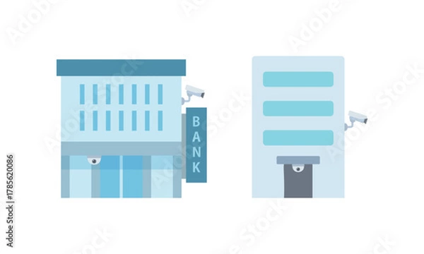 Fototapeta 監視カメラと銀行・マンションのイラスト