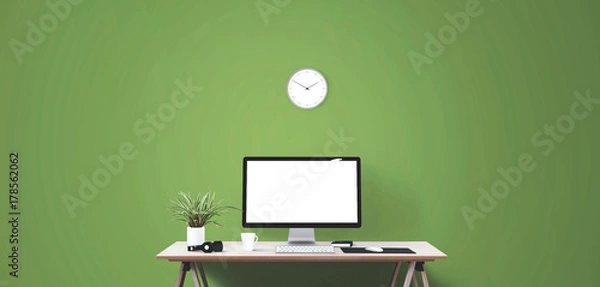 Obraz Computer display and office tools on desk. Desktop computer screen isolated.