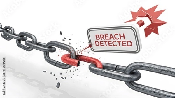 Fototapeta A red broken link in a chain symbolizing a security breach