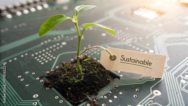 Fototapeta A vibrant plant emerging from a circuit board symbolizing growth