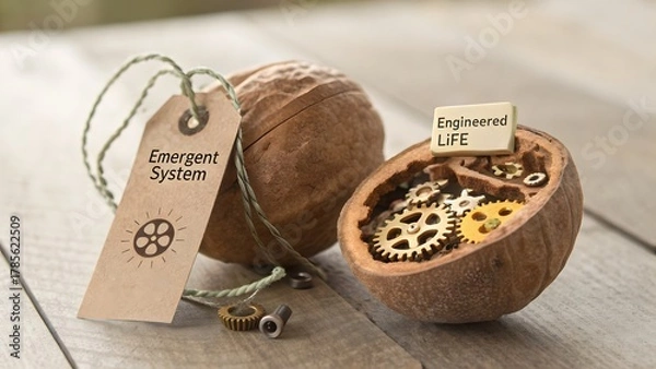 Fototapeta A walnut pod cracking open to reveal gears in complex miniature