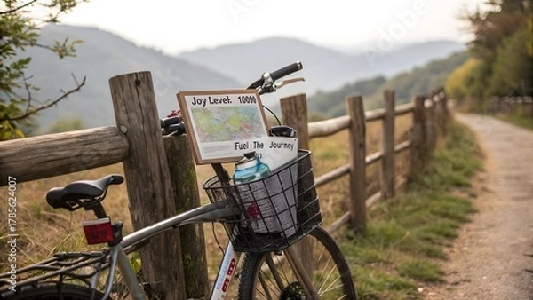 Fototapeta Bicycle leaning against rustic wooden fence with map sign