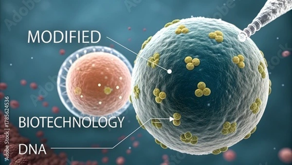 Fototapeta Cell dividing under a microscope with scientific annotation
