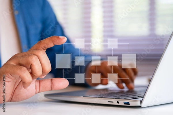 Fototapeta Workflow automation, process management, system integration, and digital optimization shown through a businessman holding virtual flowchart network above laptop symbolizing modern business efficiency